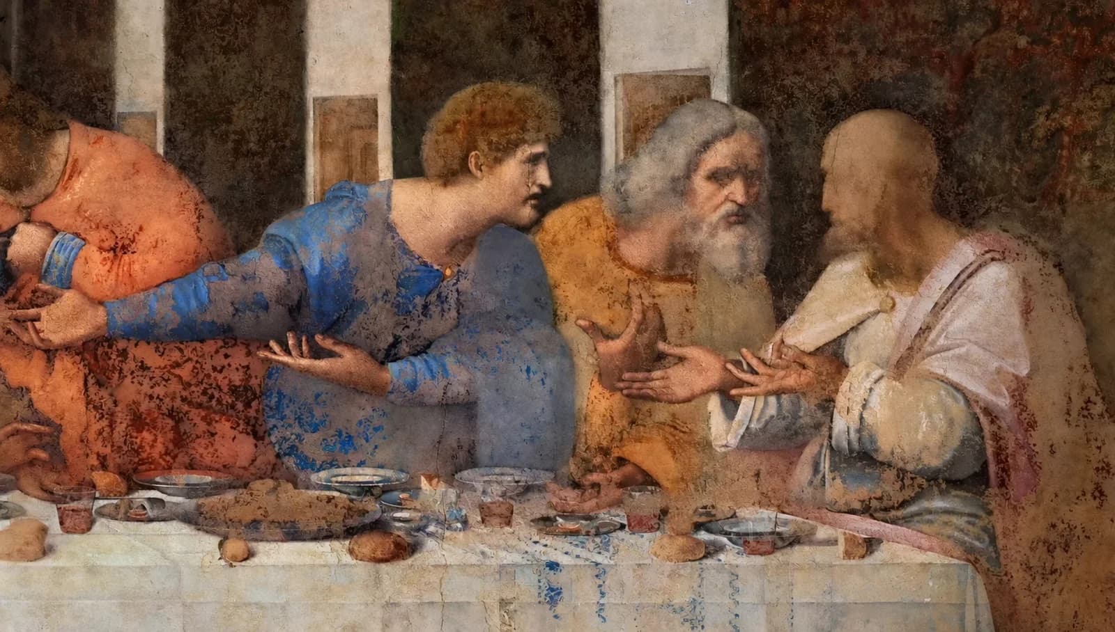 Detail of gestures and conversation among figures on the right of The Last Supper