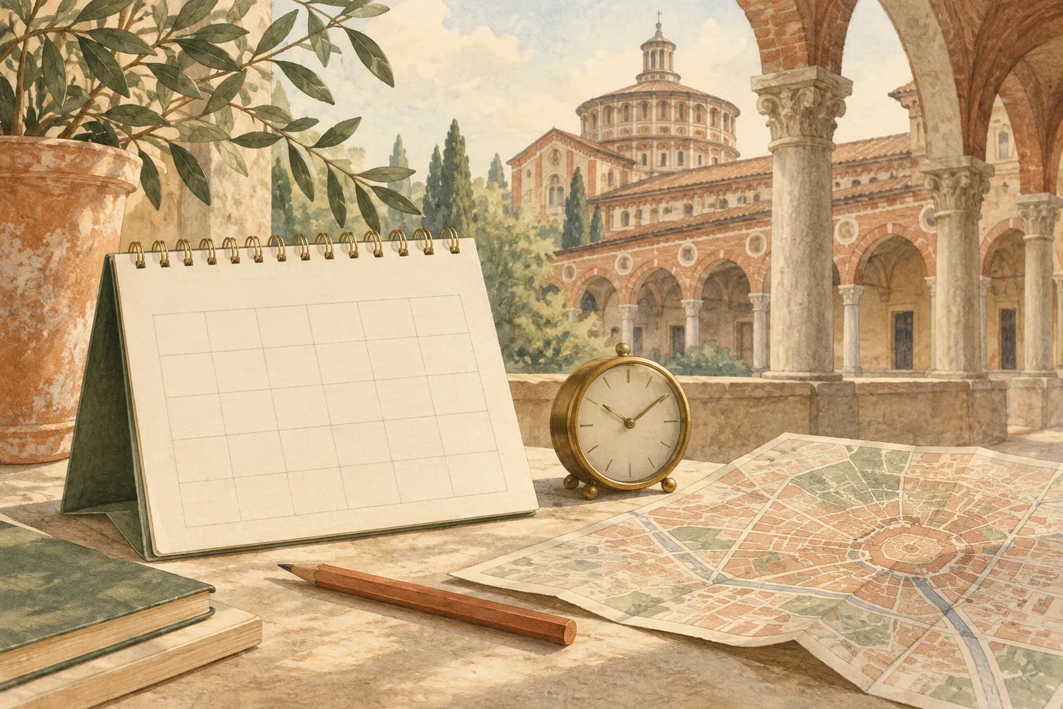 Illustrated calendar, clock and map for planning a Milan visit